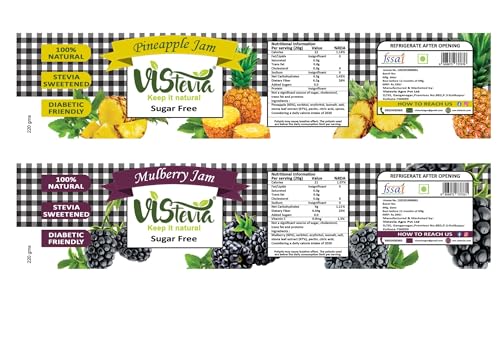 Image of Vistevia Sugar Free Mulberry and Pineapple Jam, Diabetic and Keto Friendly - Sweetened Naturally with Stevia, More Than 60% Fruit Content - Tastes Delicious - Pack of 2 (220 * 2 GM)