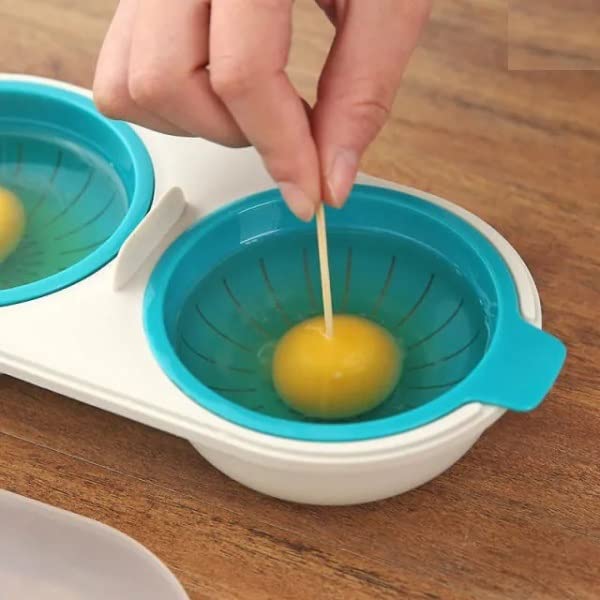 Leeonz Microwave Double Cup Egg Poacher Maker Poached Eggs Cooker Steamer Kitchen Gadget Dishwasher Safe BPA Free Draining Egg Boiler Set Double Layer Microwave Egg Poacher Breakfast Egg Cooker (Blue) 2