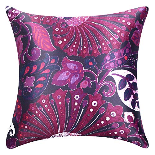 Image of Cazimo Decorative Satin Floral Digital Printed Zipper Cushion Cover for Living Room, Sofa Bed & Couch, Size: 16 x 16 Inches, Purple, Set of 2 Pcs