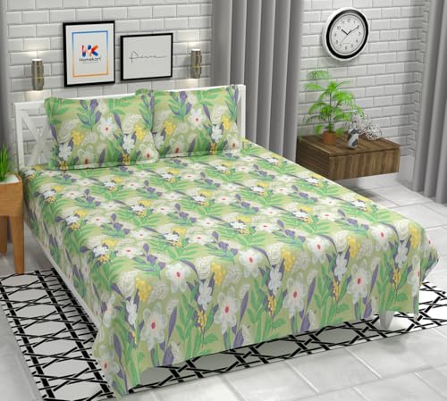 Image of HOMEKART Floral 180 Tc Ultra Super Soft Cotton Feel Microfiber Double Bedsheet with Two Pillow Covers for Your Bedroom (90x88 Inches, Green)