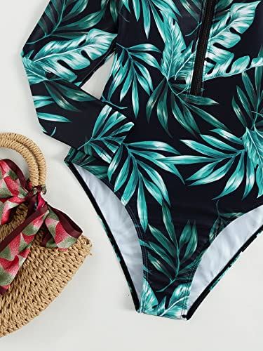 Makemechic Women's Stretchy Bathing Suit Tie Dye Zip Front Long Sleeve One Piece Swimsuit Multi Black M #TOP4