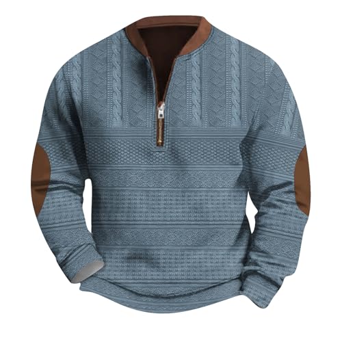 GOFULY Graphic Sweatshirts Men Baggy Solid Quarter Zip Pullover Fall Winter Mock Neck Jacket Plus Size Heavy Long Sleeve Sweaters Cardigan Elbow Patches Blue 4X