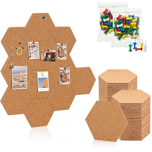 xolear 40 Piezas Esagono Corcho Pared Autoadhesivo con 100 Chinchetas, Tablero de Corcho para Colgar Fotos, Crear Tablones de Anuncios, Decorar Hogares y Como Bloc de Notas en Oficina