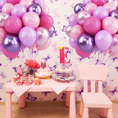 Image of Funhot Pink Purple Balloons Set, 60PCS Purple and Pink Party Balloon, 12Inch Pastel Metallic Purple Pink Latex Balloons Birthday Balloons for Girls Princess Butterfly Wedding Baby Shower Decorations