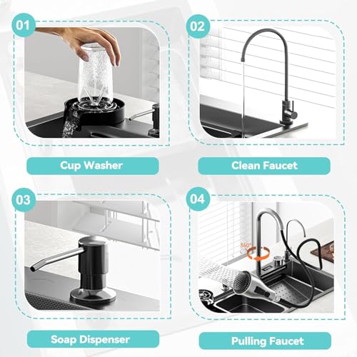 Évier de cuisine grand bol simple cuve 68 cm avec cascade d'eau et bouton de vidange noir - 7