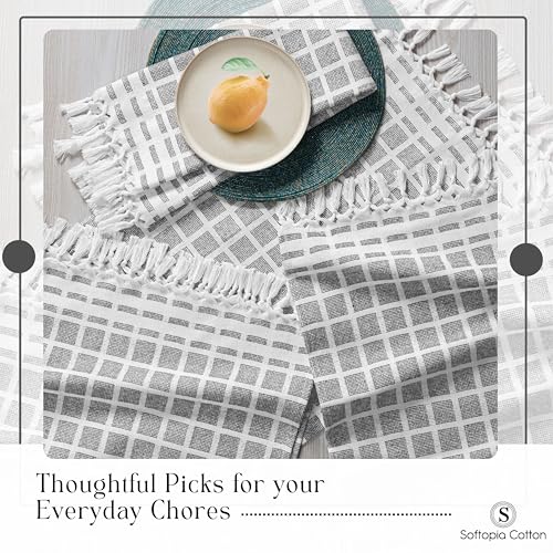 Image of Matrix Dobby Kitchen Dish Towels Set of 4, 100% Cotton, 16x26 Inches, Reusable Dishcloths with Handmade Knotted Tassels, Absorbent, Washable Towels for Cleaning - Dark Gray, White