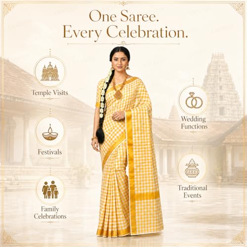 Image of Women's Kerala Tissue Plain Saree with Running Blouse| Onam & Vishu Kani Special | Traditional Kasavu White Colour