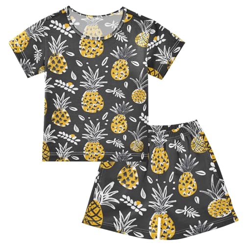ALAZA Pineapple Leaf Black Pajamas Short Sleeve 2 Piece Sleepwear Top and Bottom Pajama Set Unisex