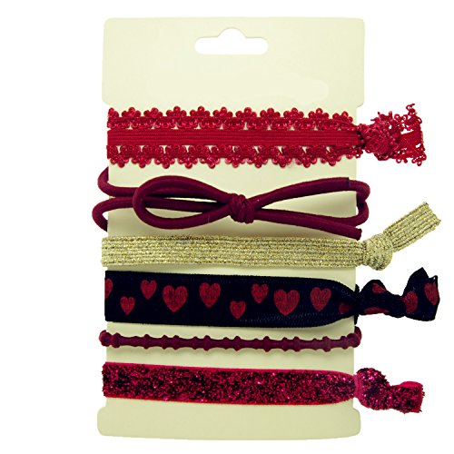 Hair Ties Elastics Ouchless No Crease (Hearts, Solid, Knot, Sparkle & Lace) - 6 Pack"Wine Red Lace"