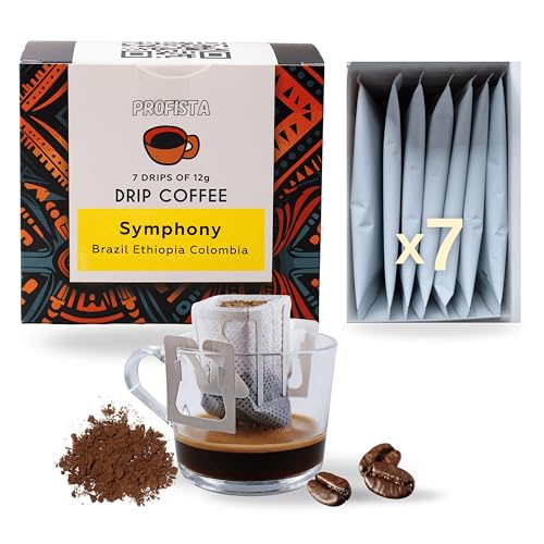PROFISTA Drip Coffee Symphony - 7x12g im Drip Kaffee Beutel - Geschenkset für Männer - Geschenk Kaffee Set für Unterwegs, Vatertag, Camping, Kaffeepulver aus 100 % Arabica Bohnen (Symphony)