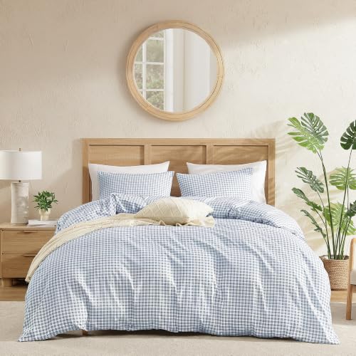 Image of Andency Gingham Duvet Cover King Size, Misty Blue Checkered Plaid Bedding Set, 3 Pieces Soft Prewashed Microfiber Comforter Cover with Zipper Closure & Corner Ties