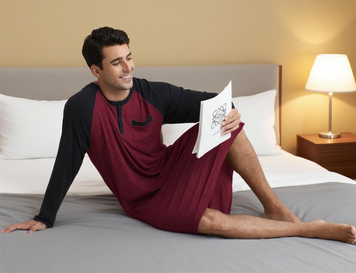 Enjoyoself Chemise de Nuit Homme Hauts de Pyjama Tee-Shirt Longueur Genou Manches Longues Col V avec Boutons Vêtements d'Intérieur Douce Confortable Grande Taille M-4XL