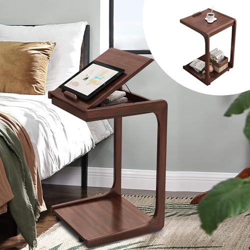 Mesa auxiliar en forma de C, ajustable para sofá, mesa auxiliar de madera con ruedas bloqueables, lateral rodante para sala de estar, dormitorio, mesita de noche, nogal, 15.3 x 15.7 x 24.8 pulgadas