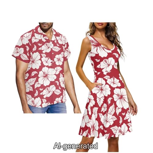 Image of Dreaweet Summer Dresses for Women A-Line Sleeveless Flowy Sun Dresses,Men's Casual Button-Down Shirts,Couple Matching Outfits