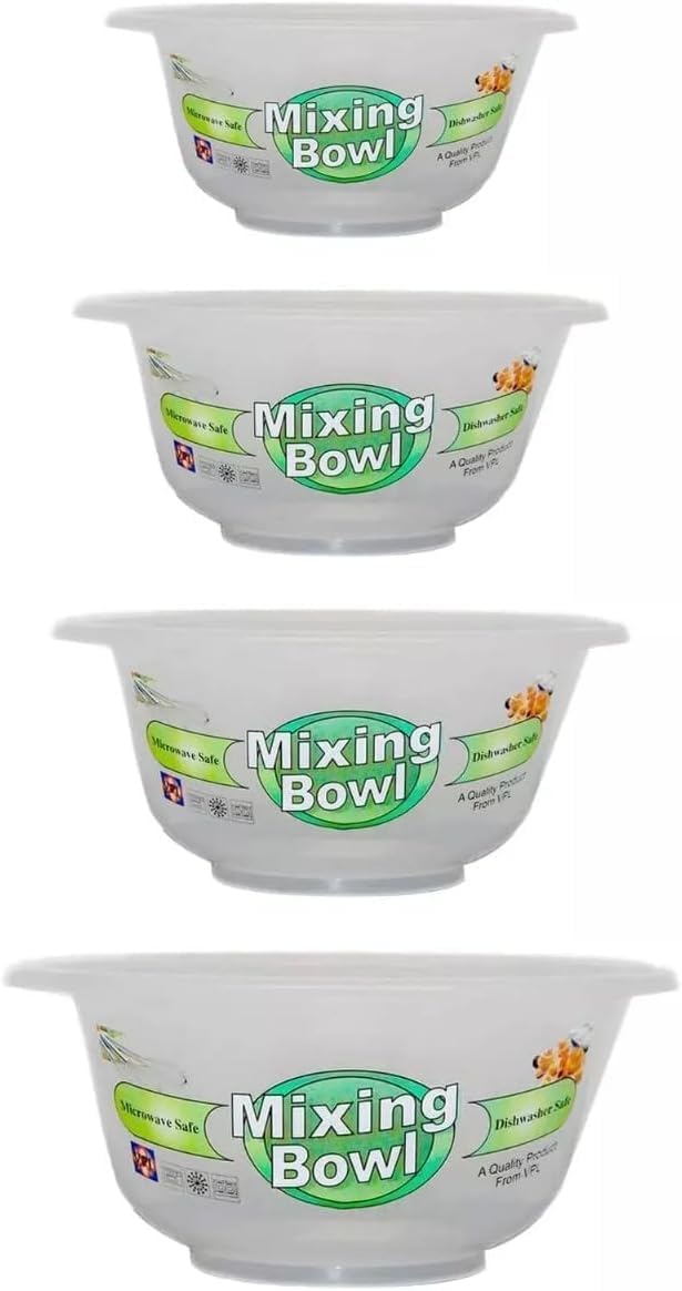 KANSY Round Plastic Mixing Bowls - Set of Small Medium Large, Clear Salad Pasta Vegetable Washer & Food Mixer, Easy to Clean Reusable Tableware Dish for Party Cooking Baking Cereal (1, Set of Four)