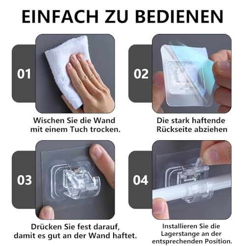 Funalix Selbstklebende Gardinenstangenhalter,6 Stück PVC Gardinenstangenhalterungen Ohne Bohren ,Handtuch Befestigung Stangen,für Wohnzimmer Schlafzimmer Bad(Transparent)