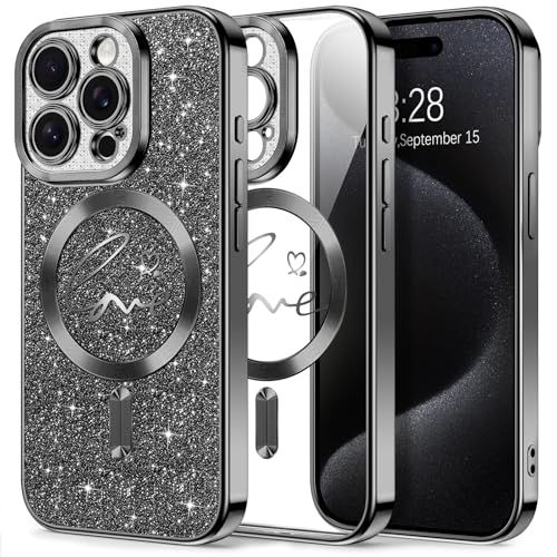Hython for iPhone 15 Pro Case Glitter, Compatible with MagSafe Love Heart Magnetic Clear Phone Cases for Women Girls, Full Camera Protection Sparkle Shockproof Protective Cover, Shiny Black
