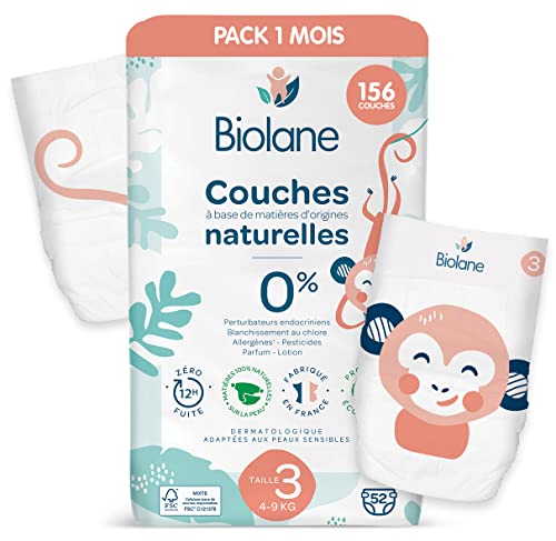 Biolane - Pañales ecológicos talla 3 (4 a 9 kg), sin fugas durante 12 horas, paquete de 1 mes (juego de 3 con 52 cada uno) 156 pañales - Fabricado en Francia