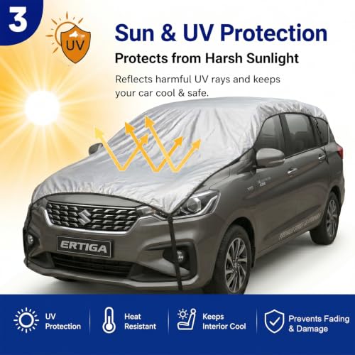 Image of Pivalo Half Car Body Cover for MUV Cars (All Models & Years) | 100% Waterproof Outdoor UV & Heat All Weather Protection | Triple Stitched 3 Layer with Adjustable Straps Cover (Reflective Silver)