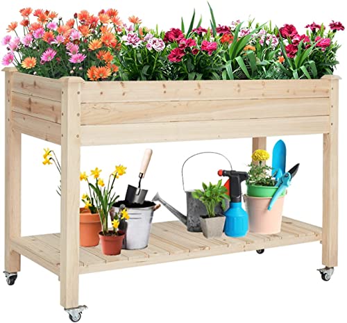 Kintness Raised Garden Bed Large- Elevated Wood Planter Box With Wheels Storage Shelf Stand For Backyard Patio 50" Lx 21" Wx 34" H #TOP5