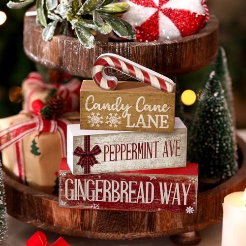 Image of Moucuny 4 Pcs Christmas Table Decor Wooden Candy Cane Decoration Christmas Centerpiece Winter Tiered Tray Decor Red and White Stripes Candy Cane Block Signs Gift Farmhouse Xmas Decoration for Kitchen