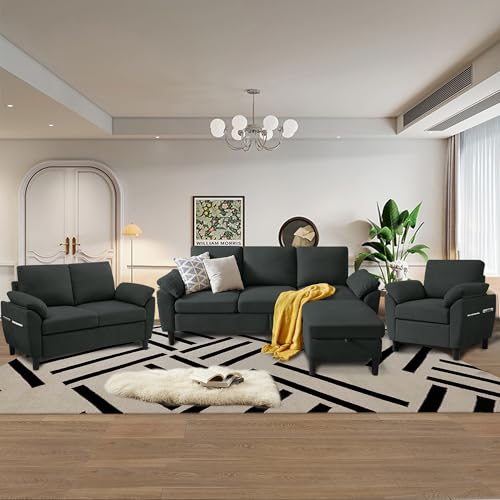 Chireca 4 Piece Convertible Sectional Sofa Set, Modern Linen Small L Shaped Couch with Reversible Chaise, 3-Seater Sofa & Loveseat & Armchair for Living Room, Office, Apartment, Black