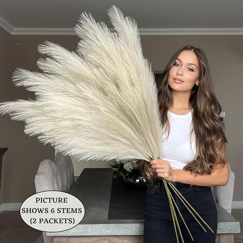 VOULUX Extra Large Tall Beige Fake Faux Artificial Pampas Grass Large Fluffy x3 115cm Stems x18 Decorative Artificial Flora Feathers For Floor Vases Tall Beige Plant Flowers Long Pampas Grass - Image 3