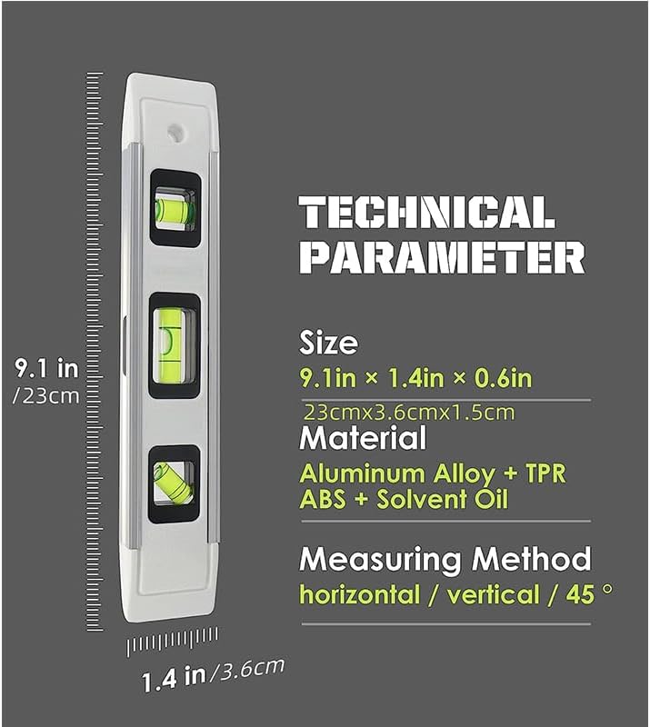 9inch Level & Tool Magnetic Aluminum Reinforced Torpedo Level, 9"(White)