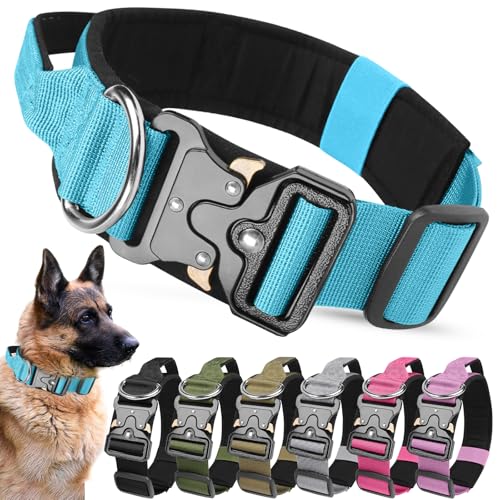AKOFIC Taktisches Hundehalsband mit Griff, Breites Halsband Hund Gepolstert aus Nylon, Verstellbar Robuster Dog Collar mit Metallschnalle für Mittlere Große Hunde (Blau, L)