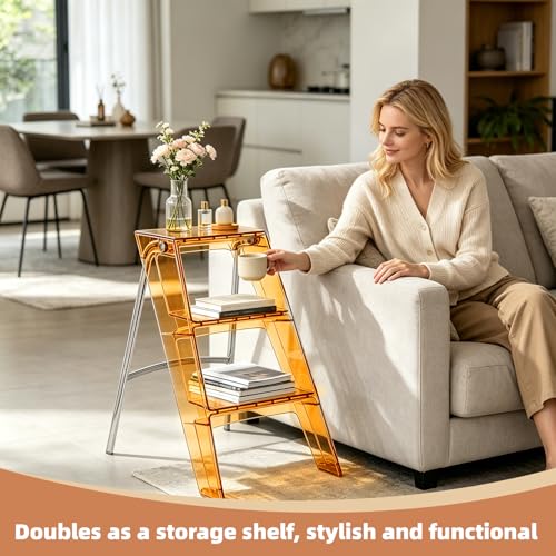 Image of Acrylic 3 Step Ladder, Beautiful & Stable Folding Step Stool (Orange)