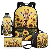 Cugasmaru Giraffa Sunflower Backpack for 6th Grade Girls 17 Inch 4Pcs Bookbag and Lunch Box Set Pencil Case Water Bottle Sleeve Lightweight Daypack for Tweens Travel