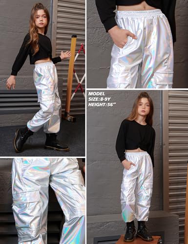Perfashion Metallic Cargo Pants for Girls & Womens Hip Hop Dance Multi-Pocket Joggers High Waist Pants 6-15Y3