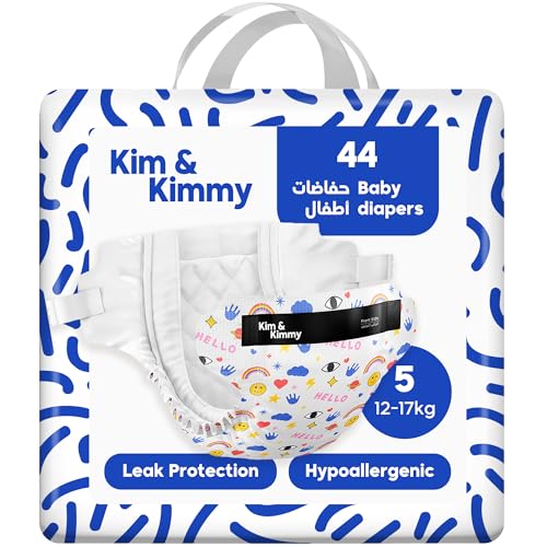 Kim & Kimmy Eco Diapers Size 5 12-17 kg 44 Diapers - 12 Hour Leak Protection No Rashes Hypoallergenic Ultra-Soft & Highly Absorbent - Cruelty Free & Vegan - Funny Icons
