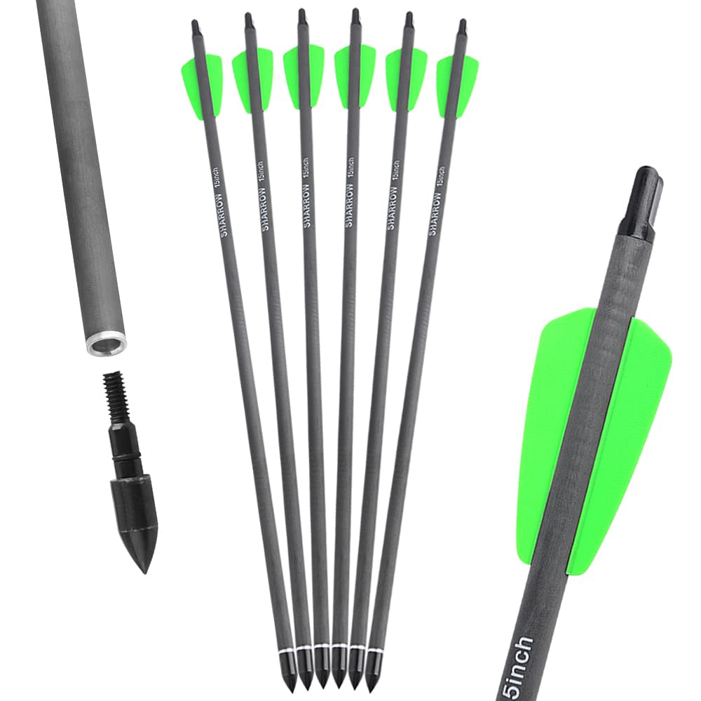 AMEYXGS Boulons d'arbalète de tir à l'arc Flèches d'arbalète en Carbone de 7,5" 15" avec encoches de Lune en Plumes de 2" et Pointe Amovibles pour la Pratique de la Cible 12/24pcs