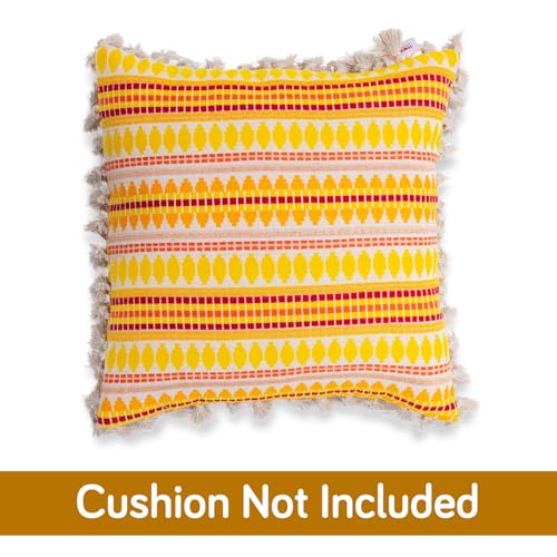 Image of HOKIPO 'Artisan Boho Series' 450 GSM Cushion Cover with Tassels | Cotton Acrylic Jacquard | 16x16 Inch (40x40 cm) | Pack of 2, Mustard Yellow (IN-905-A1*2)