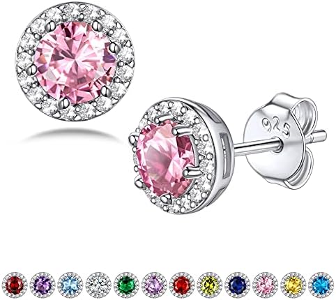 Bestyle Sparkling 925 Sterling Silver Birthstone Stud Earrings for Women, Heart/Round/Teardrop/Square Crystal Solitaire Diamond Studs Halo Earrings, Great Birthday/Christmas Gifts