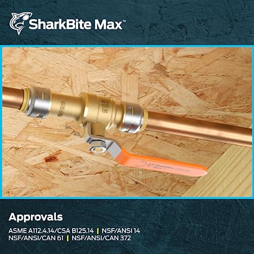 Image of SharkBite Max 1 /2 x 1 /2 Inch Slip Ball Valve, Push-to-Connect Brass Plumbing Fitting, Copper, CPVC, UR24735