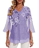 Funlingo Women's 2023 3/4 Sleeve Dressy Tunic Tops Double Layers V Neck Work Blouses Casual Shirts F