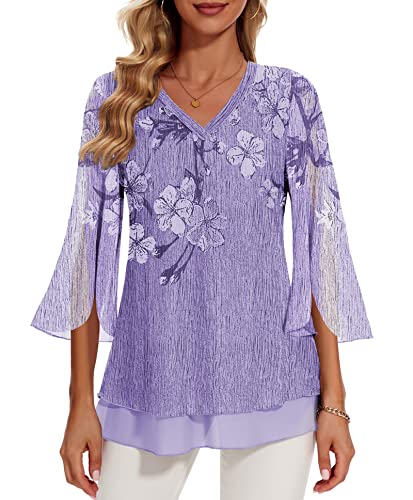 Funlingo Women's 2023 3/4 Sleeve Dressy Tunic Tops Double Layers V Neck Work Blouses Casual Shirts Floral Violet M #TOP10