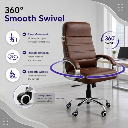 Image of Zen Executive Ergonomic Office Chair for Work from Home | Leatherette Revolving Chair with 360 Swivel, Chrome Base & Cushioned Seat (Brown, High Back)