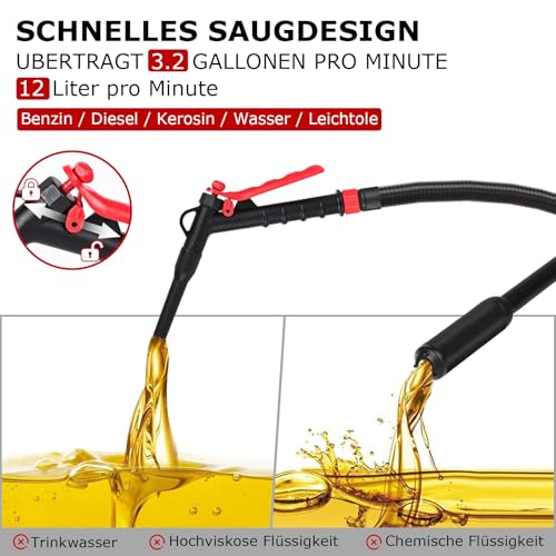 Elektrische Kraftstoffpumpe, innhom 3.2 GPM (12 L/min) Batteriebetriebene Flüssigkeitstransferpumpe Benzinpumpe für Benzin & Diesel, Tragbare Siphon Pumpe mit Schlauch & Durchflussregelung