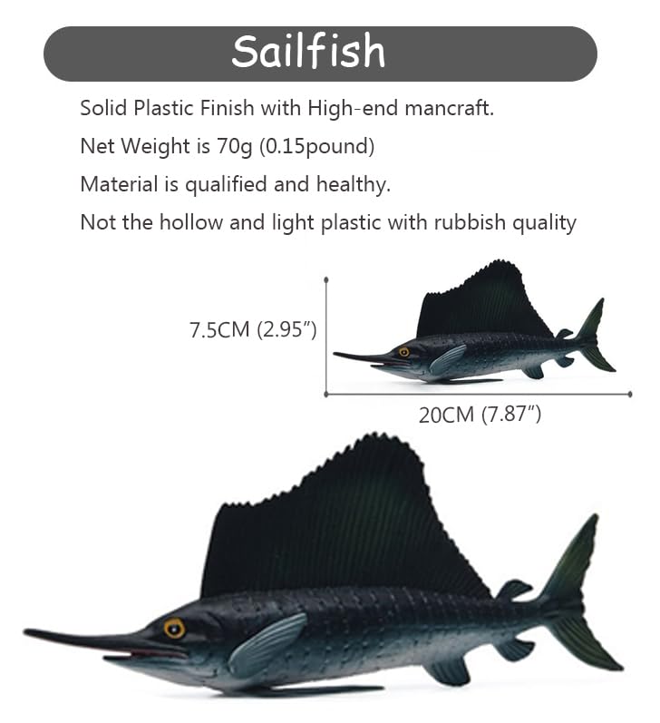 Image of SmilerSmile 7.8 inch Sailfish Figurine Plastic Sea Creature Toy for Toddlers | Solid PVC Action Figure, Simulation Sea Animals, Educational Ocean Animal Model, Non-toxic Safe Bath Toy for Kids