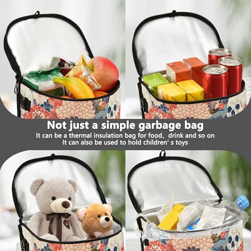 Image of MNSRUU Car Trash Can with Lid, Flowers and Skulls Car Trash Bag Hanging Organizers and Storage for Front Back Seat, Leak-Proof Trash Bin