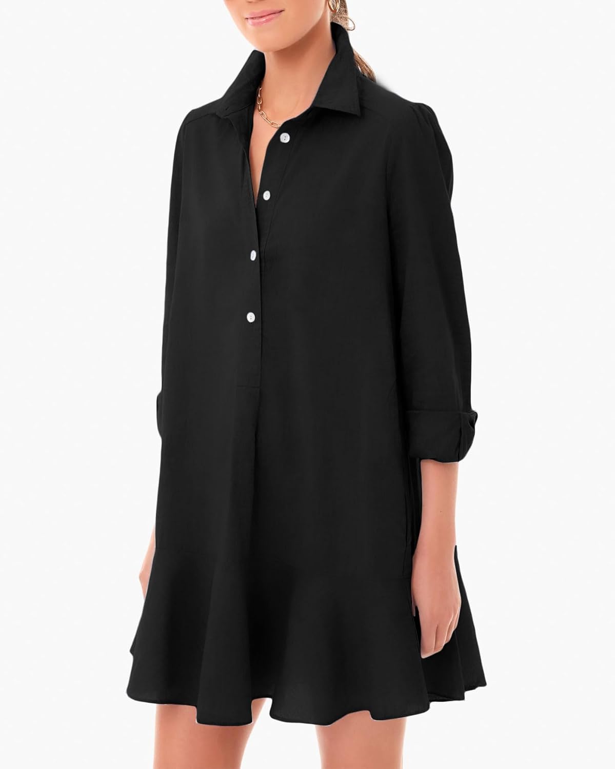 Women's Tunic Shirt Mini Dress Long Sleeve Cotton Short Dress Button Up Ruffle Hem Shift Dresses Flower, XX-Large, Black - Image 5