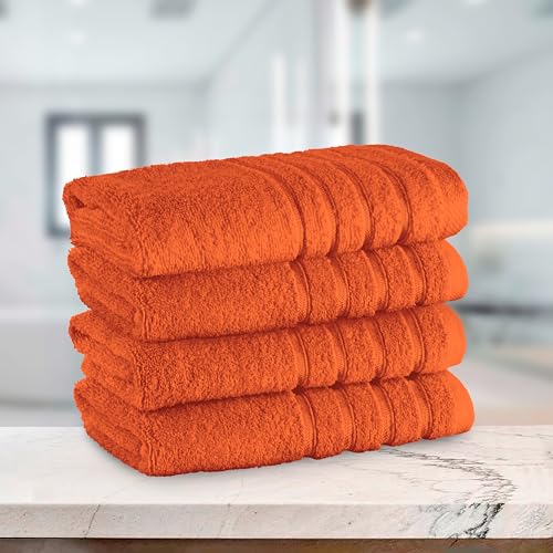 Image of Elegant Comfort 100% Turkish Cotton 4 Lines Viscose Stripe Luxury 4 Pack Hand Towel Set - Ultra Absorbent and Soft 16 x 28 Inch Premium Hotel Spa Quality Towels for Everyday Bath Use, Orange
