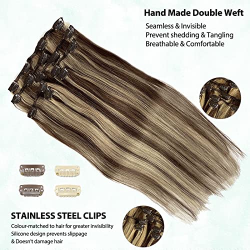 Image of Clip in Hair Extensions Real Human Hair Brown to 613 Blonde Highlights Remy Clip in Human Hair Extensions Natural Hair Extensions 18 Inch 7 Pieces 70G