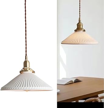 Vintage Pendant Light White Hanging Light Ceramic Pleated Shade Kitchen Island Ceiling Pendant Lights Gold Brass Hanging Lamp Small Pendant Light Fixture for Dining Room Bedroom Farmhouse