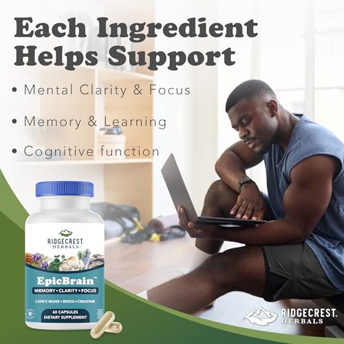RidgeCrest Herbals EpicBrain, Natural Brain Support Supplement with Creatine Monohydrate, Lion's Mane, Reishi, Supports Mental Clarity, Memory, Focus, Stimulant-Free Nootropic (60 Count, 30 Servings) - Image 3