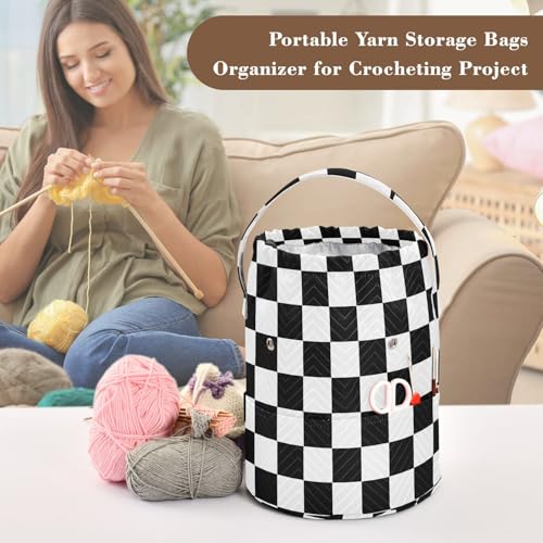 Image of ElliTarr Crochet Bag Yarn Bag with Handle Portable Knitting Project Bag Travel Yarn Storage Organizer Holder Case Checkered Black and White