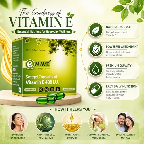 Image of Vitamin E 400 IU Softgel Capsules for Face & Hair, 100 Capsules | Vitamin E 400 IU Softgel Capsules, Natural Vitamin E Capsules, Vitamin E Capsule for Face, Suitable for Men & Women